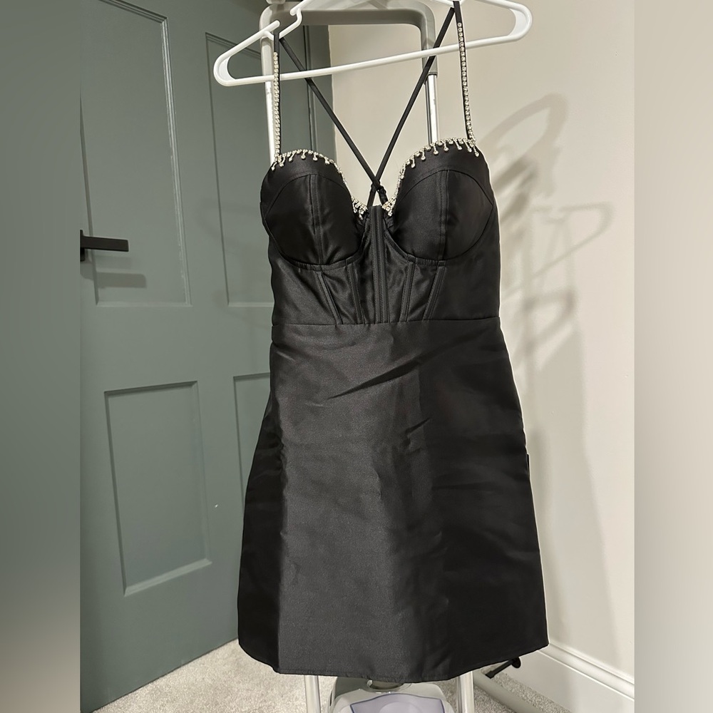 Lulu's Ravishing Dream Black Taffeta Rhinestone Mini Dress